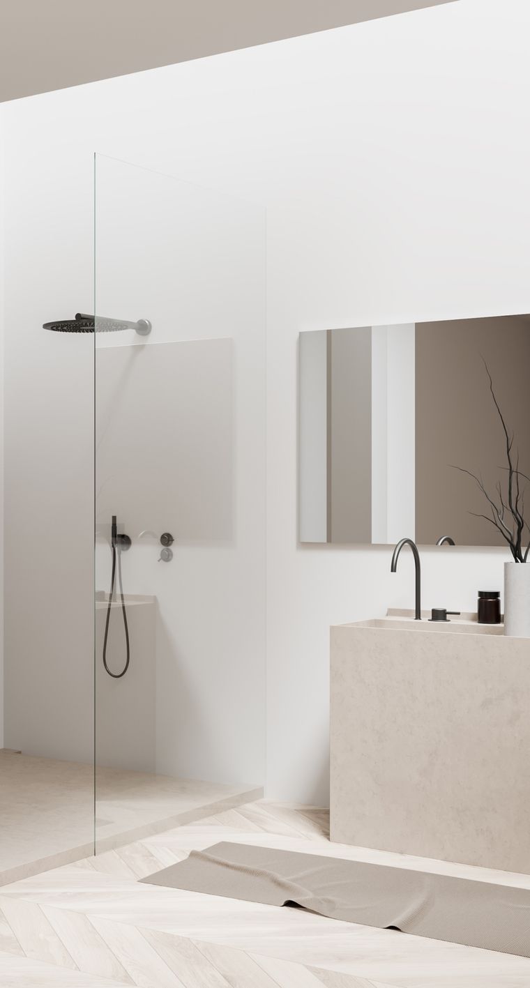Bodentiefe Dusche und Marmor-Waschbecken mit moderner und schlichter Dekoration.